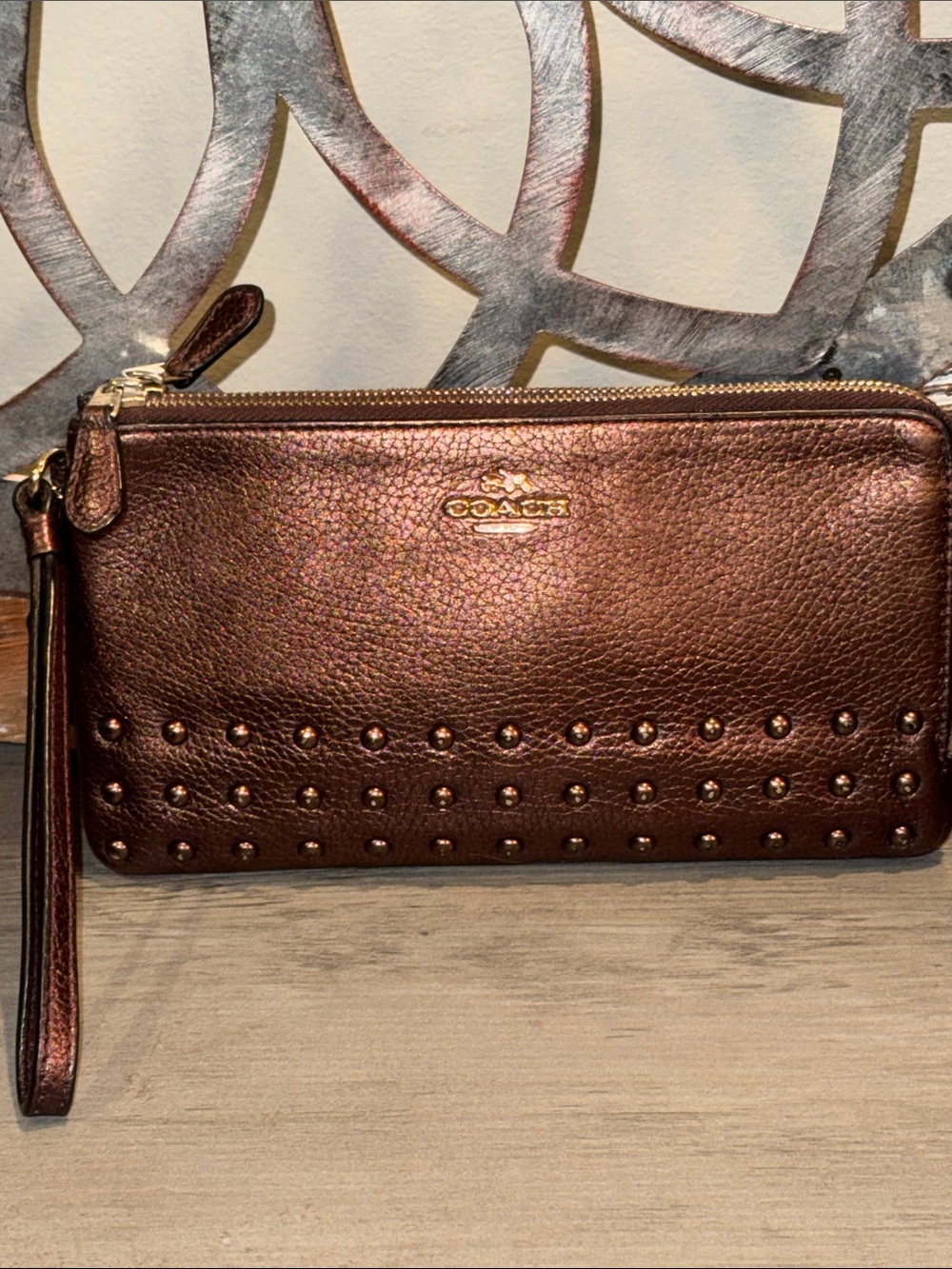 COACH Metallic Bronze-copper Studded Leather Wristlet Clutch